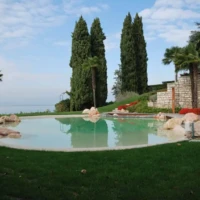 Stone decorated pool surrounded by grass
