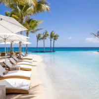 Beach chairs line large commercial sand pool